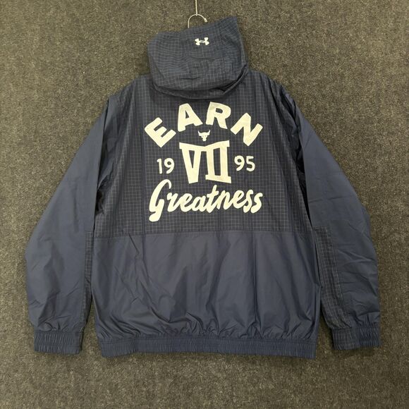 Under Armour Project Rock Jacket Mens XL Navy Woven Layer Zip Earn Greatness - Picture 1 of 9
